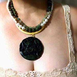 Jade Green And Baroque Pearls With Nephrite Pendant Layered Necklace- Stunning